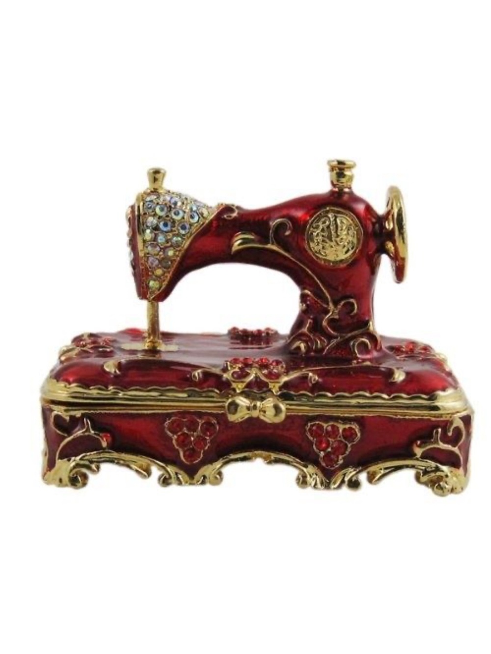 Decorative Red Sewing Machine Trinket Box Golden Plated with Rhinestones NWOT